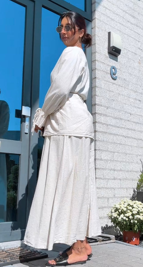 Kimono met rekbare rok van linnen - beige