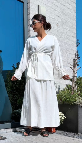 Kimono met rekbare rok van linnen - wit