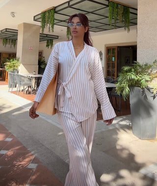 Katoenen kimono met rekbare broek wit bruin