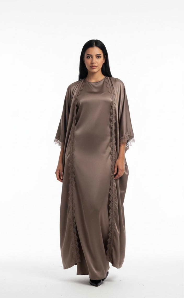 Lace kimono set met kanten details - onderjurk met kimono taupe dark