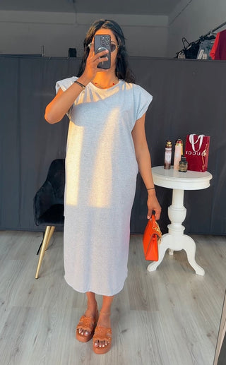 Katoenen jurk met schoudervulling grijs