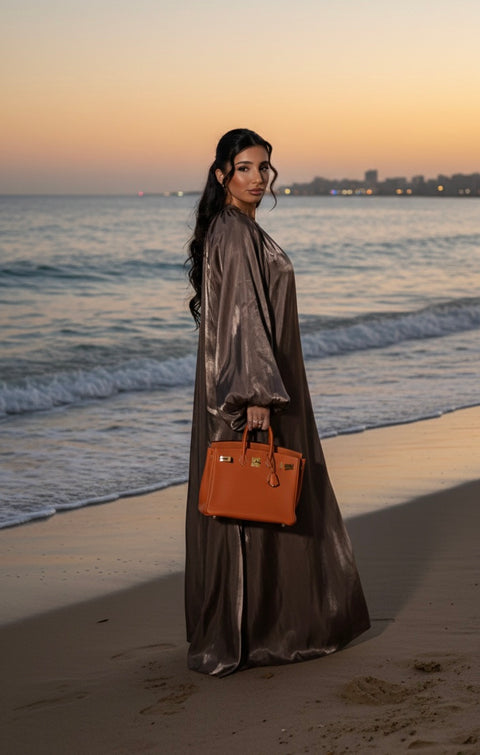 Satijnen jurk Hooggesloten Maxi-Jurk - bruin 92566 (launch 9 march)