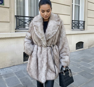 Bontjas met riem - beige CV2198