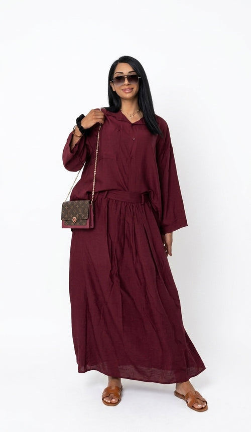 Oversized blouse met lange rok - burgundy van viscose PRE ORDER