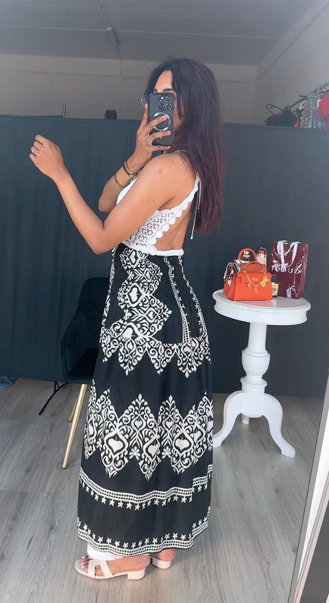 Rok zwart met witte print van viscose