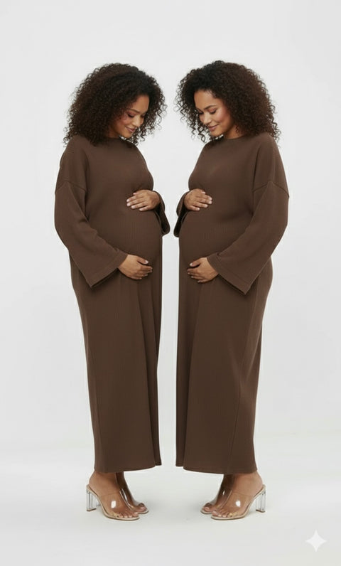 Lange jurk bruin met zakken - ZJ01