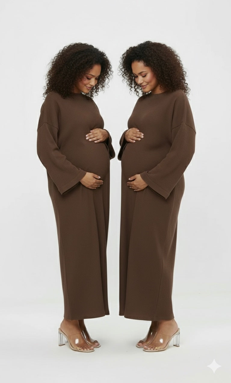 Lange jurk bruin met zakken - ZJ01