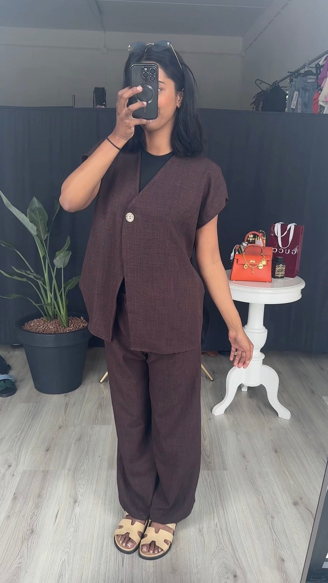 Zomer blazer gilet met rekbare broek donker bruin - ITALY12