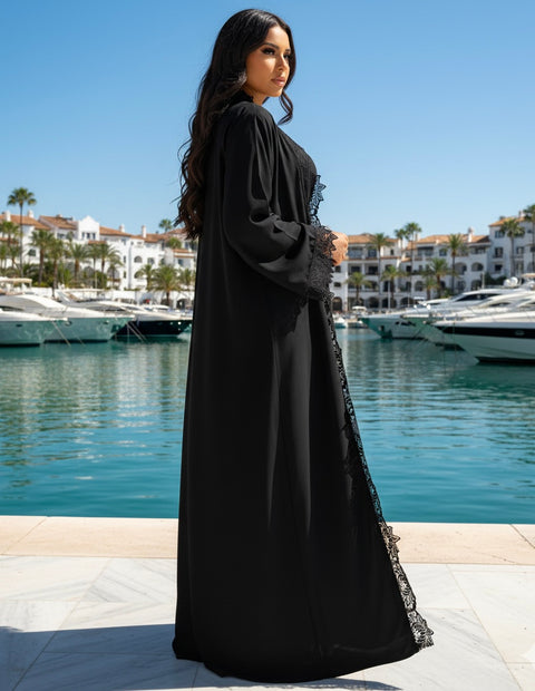 Lace kimono set met kanten details - onderjurk met kimono zwart