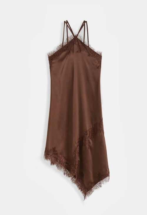 SATIJNEN JURK MET KANT - BROWN