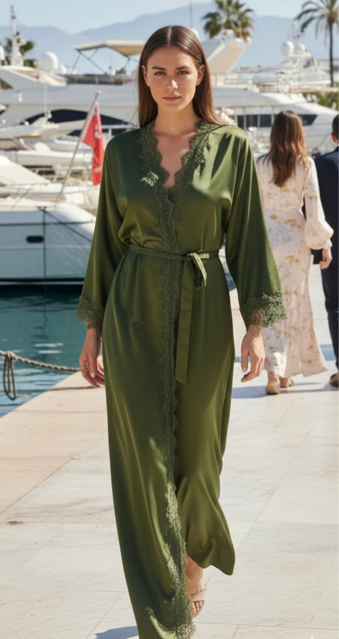 Lace kimono set met kanten details - onderjurk met kimono groen