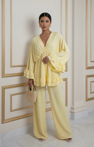 Franje mouwen oversized set geel - M6698