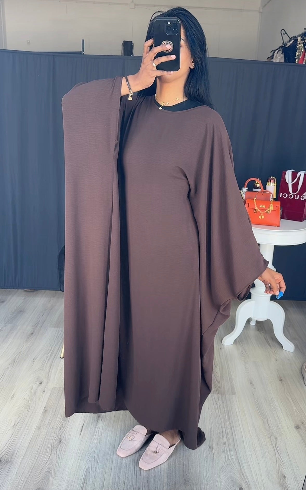 Abaya met touwtjes wijde jurk donker bruin