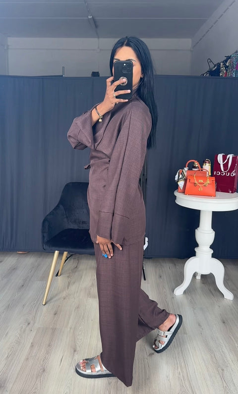 Kimono wikkel met rekbare broek donker bruin