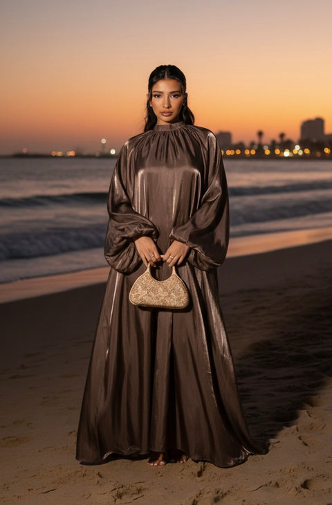 Satijnen jurk Hooggesloten Maxi-Jurk - bruin 92566 (launch 9 march)