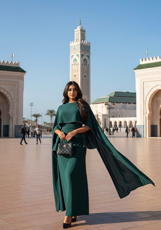 Fitted maxi abaya jurk van met parels groen - 8010