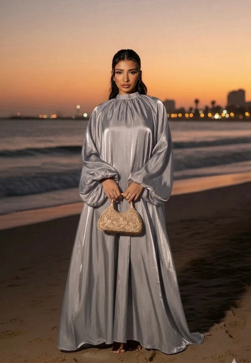 Satijnen Hooggesloten Maxi-Jurk - grijs 92566