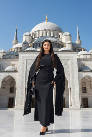 Fitted maxi abaya jurk van met parels zwart - 8010