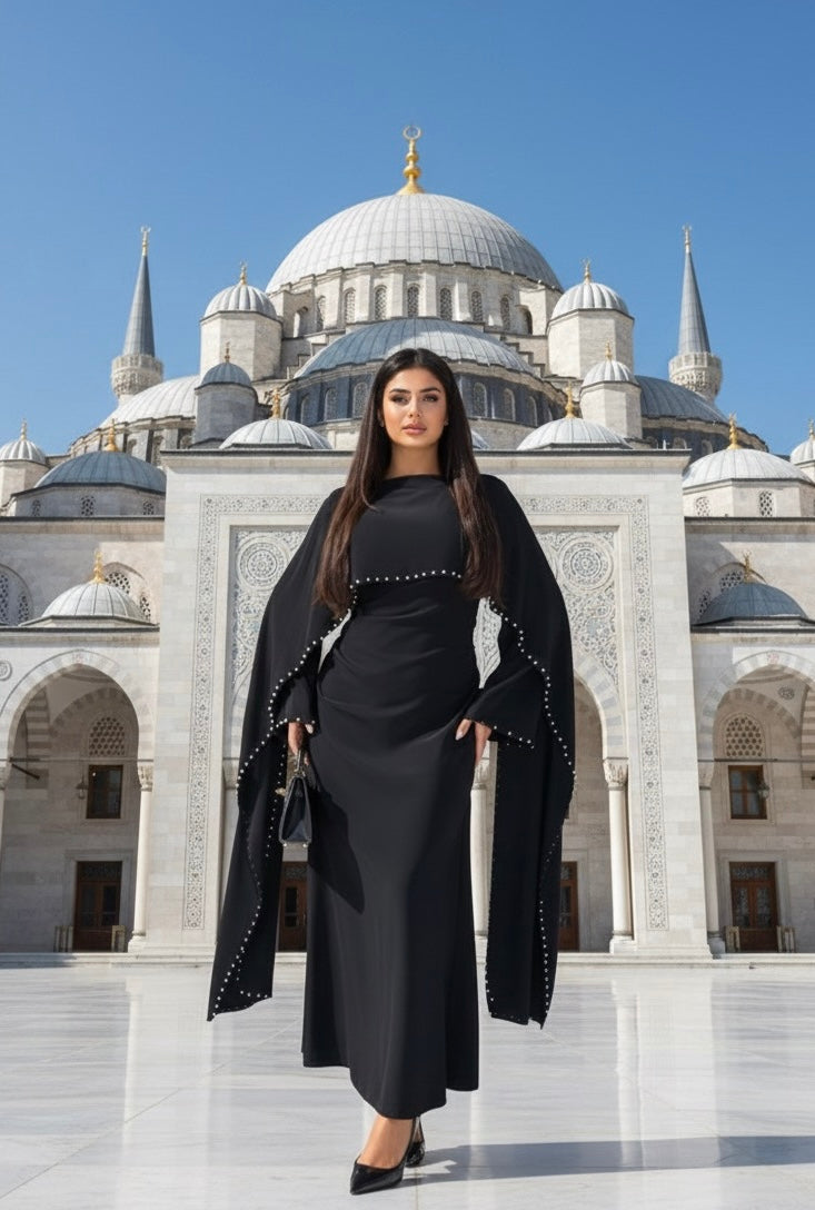 Fitted maxi abaya jurk van met parels zwart - 8010