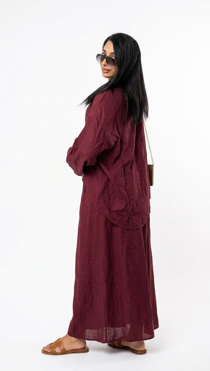 Oversized blouse met lange rok - burgundy van viscose PRE ORDER