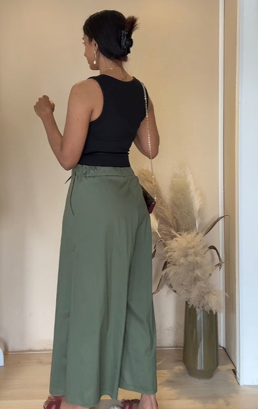 Katoenen verstelbare broek met brede pijpen - groen