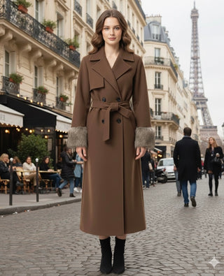 Manteljas met faux fur bont mouwen en band - bruin 6077