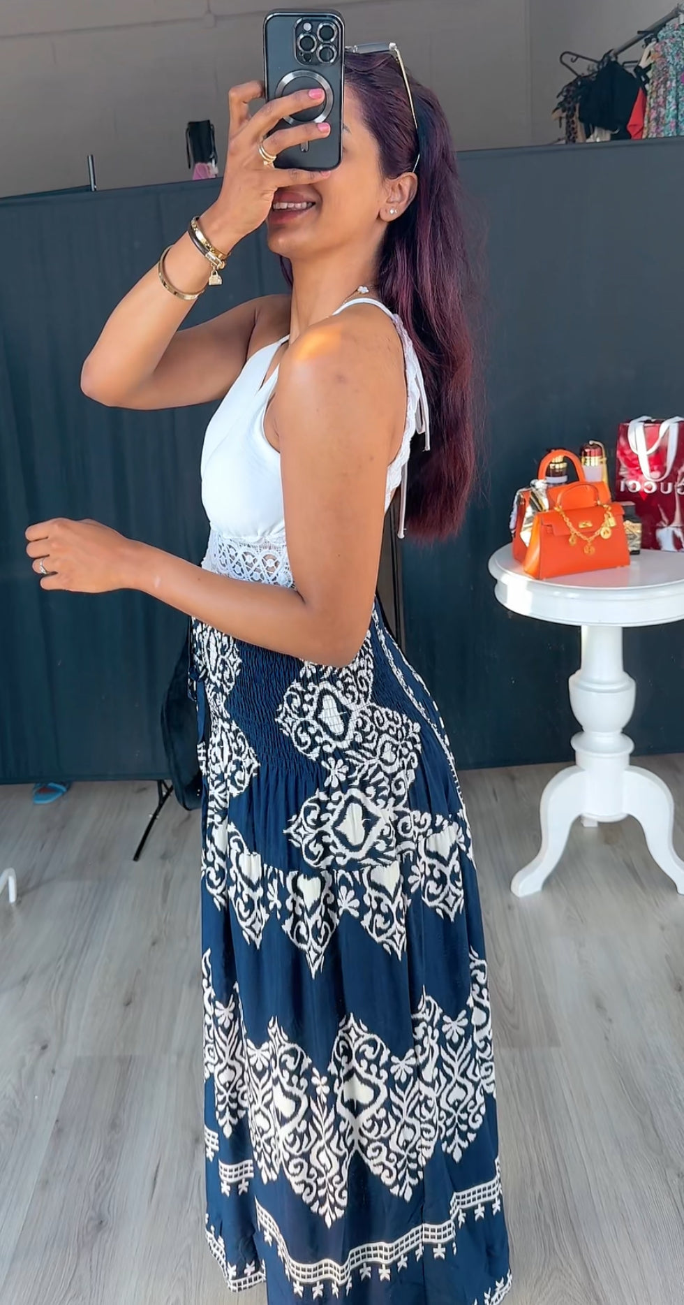 Rekbare rok met print navy wit van viscose