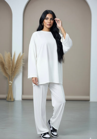 Modest comfy oversized sweater with wide pants - blanco 6033
