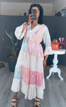 Katoenen rekbare zomer strand jurk met print roze wit