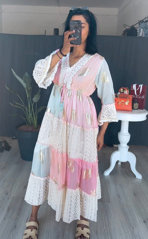 Katoenen rekbare zomer strand jurk met print roze wit