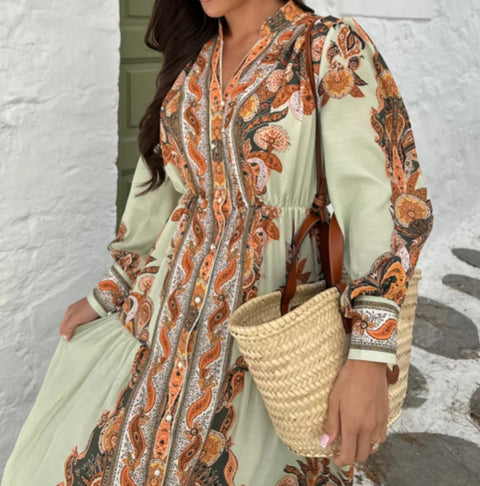 ROBE LORIA BROWN GREEN DRESS PRE ORDER