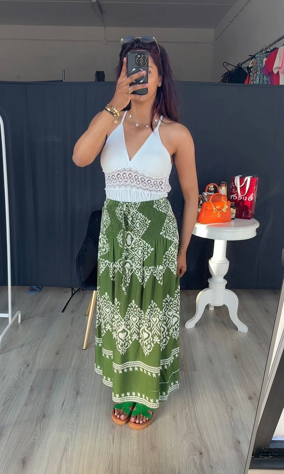 Rekbare rok met print groen van viscose