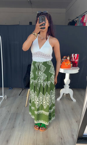 Rekbare rok met print groen van viscose