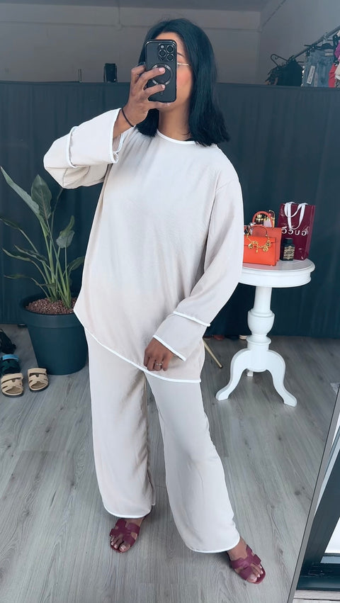 Modest - zomer oversized bloek met wijde broek set licht beige