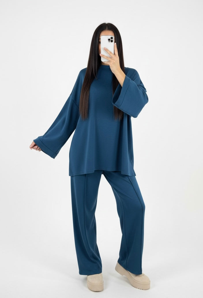 Comfy co-ord set met lange top en oversized broek - kobalt blauw 6033