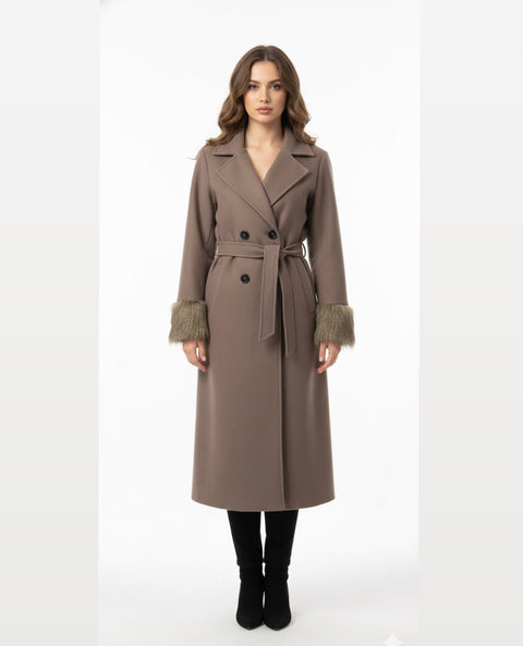Manteljas met faux fur bont mouwen en band - taupe 6077