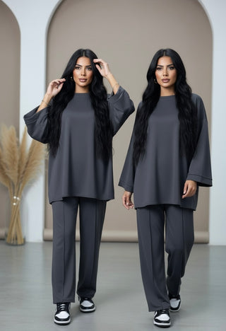 Modest comfy oversized sweater with wide pants - dark gray 6033