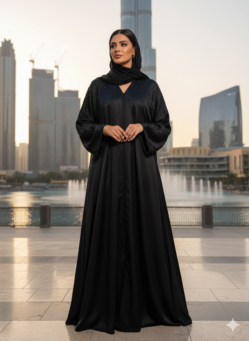 Dubai abaya zwart met bladeren en druk knopen