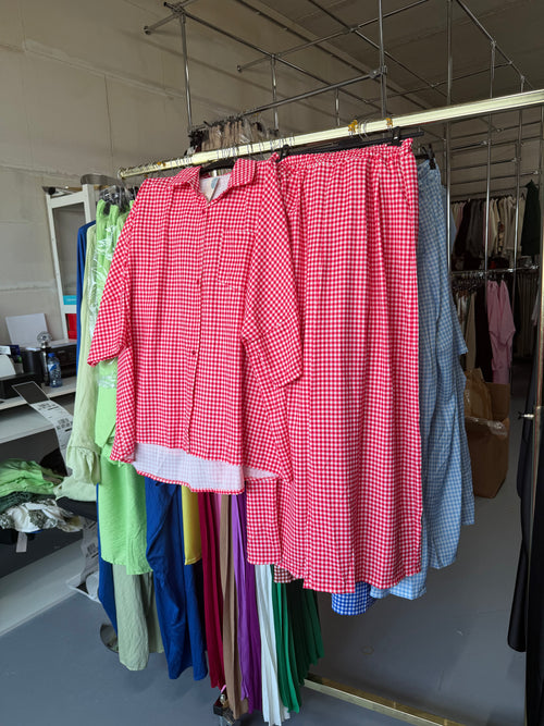 Lies rode ruitjes broek set maat M