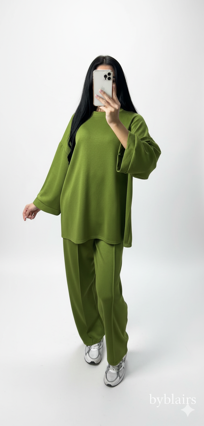 Comfy co-ord set met lange top en oversized broek - groen 6033