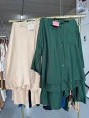 Fatmamo donker groen en beige van viscose broek setjes en navy pateonem broek set en licht paarse flora jurk en Sahara butter yellow Abaya en kimono burgundy met onderjurk