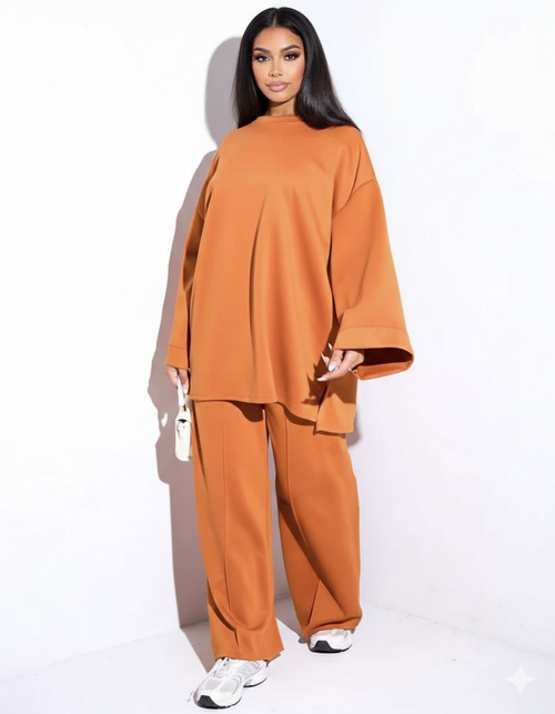 Comfy co-ord set met lange top en oversized broek - Brick oranje 6033