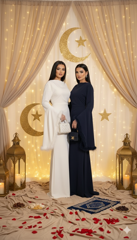 Satijnen abaya jurk met cross over en veren aan mouwen navy - 7011