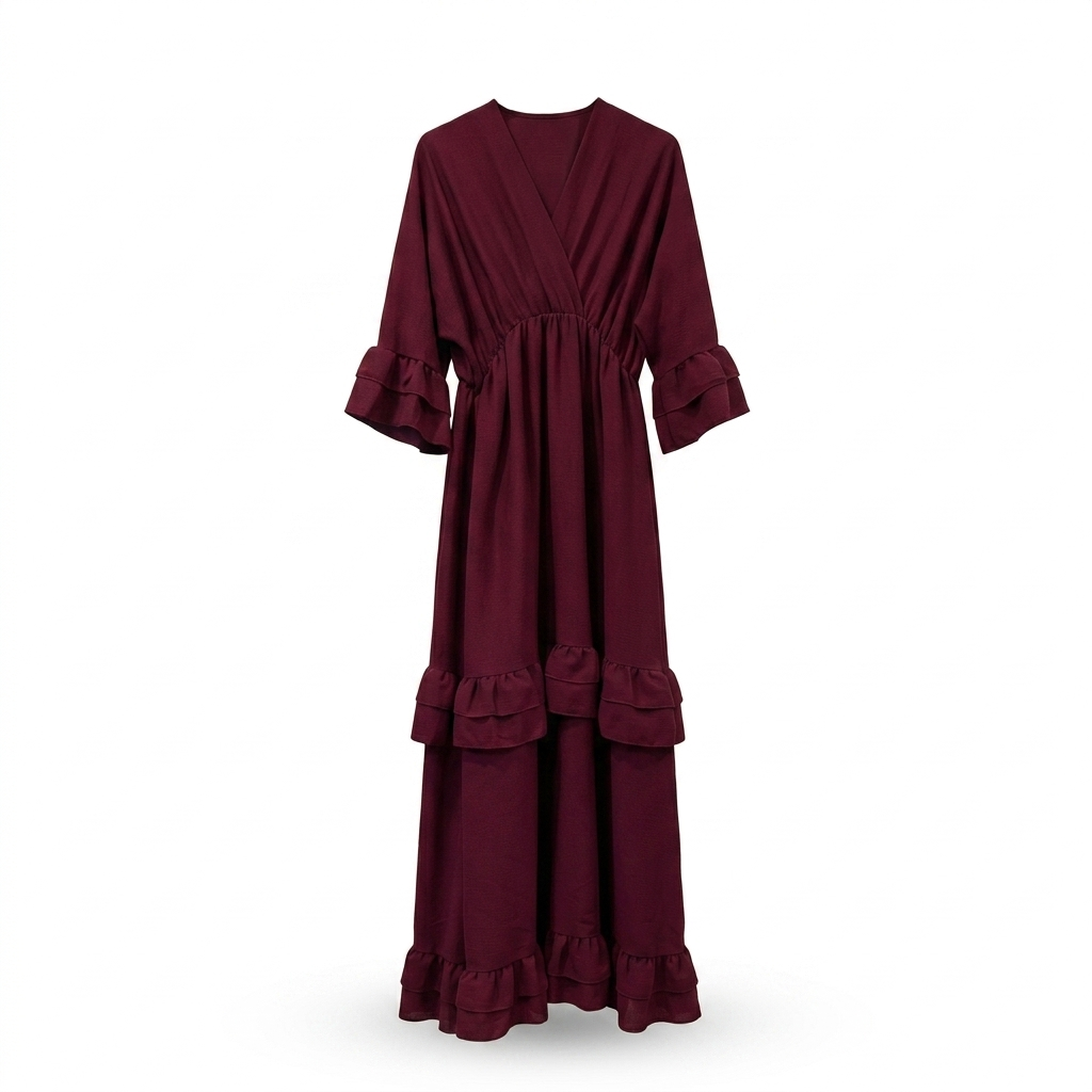 Ruffles jurk met korte v-hals - burgundy