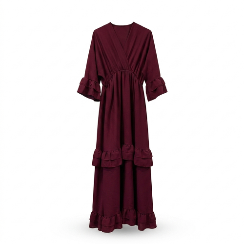 Ruffles jurk met korte v-hals - burgundy