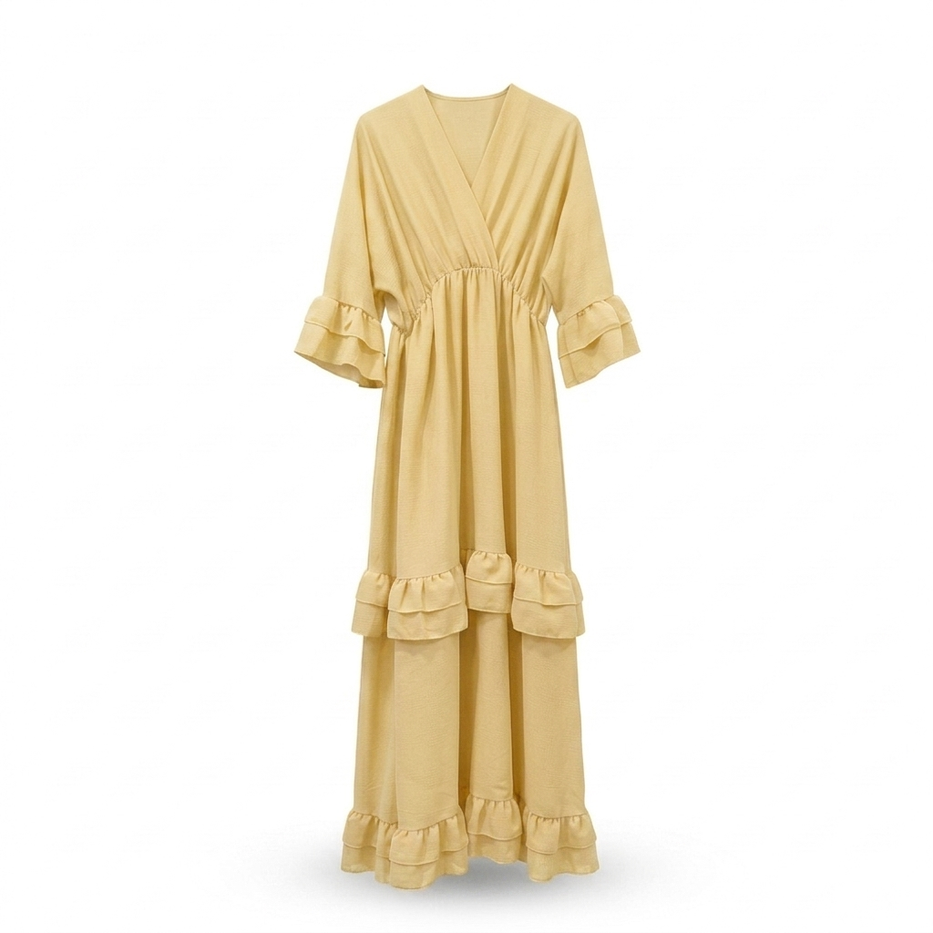 Ruffles jurk met korte v-hals - butter yellow