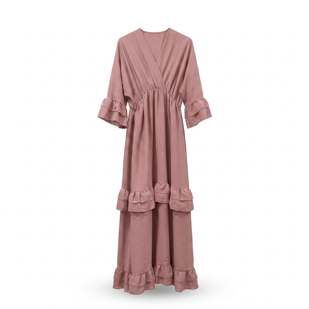 Ruffles maxi-jurk short v-neck - roze