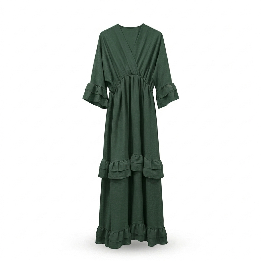 Ruffles maxi-dress short v-neck - green dark