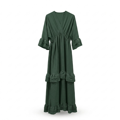 Ruffles maxi-dress short v-neck - green dark