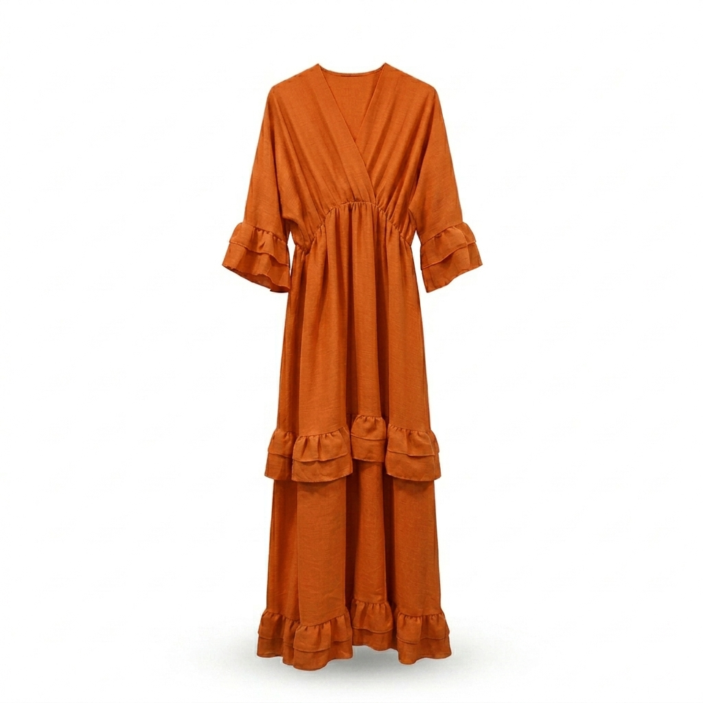 Ruffles maxi-dress short v-neck - oranje